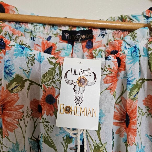 NWT Lil Bees Bohemian Daisy Print Off the Shoulder Bell Sleeve Peasant Top - S - Picture 3 of 9